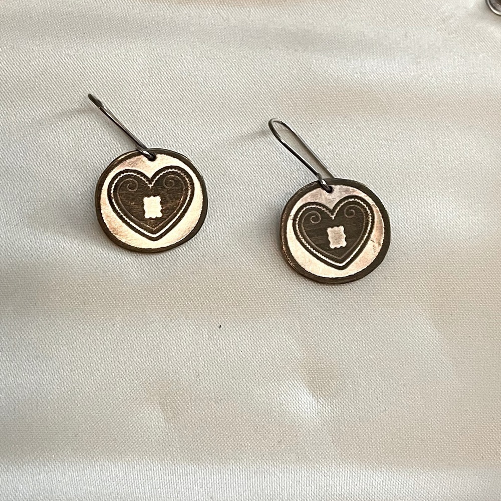 Vintage Heart etched Silver Coin drop Earrings